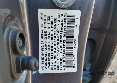 2016 Honda Civic Lx z USA, uszkodzony, nr VIN 19XFC2F51GE011316